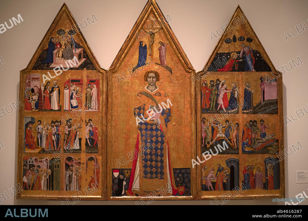 Gothic medieval art in the National Art Museum of Catalonia,Barcelona.master of Estopanyà (Italian painter), altarpiece of San Vicente (1350-1370).