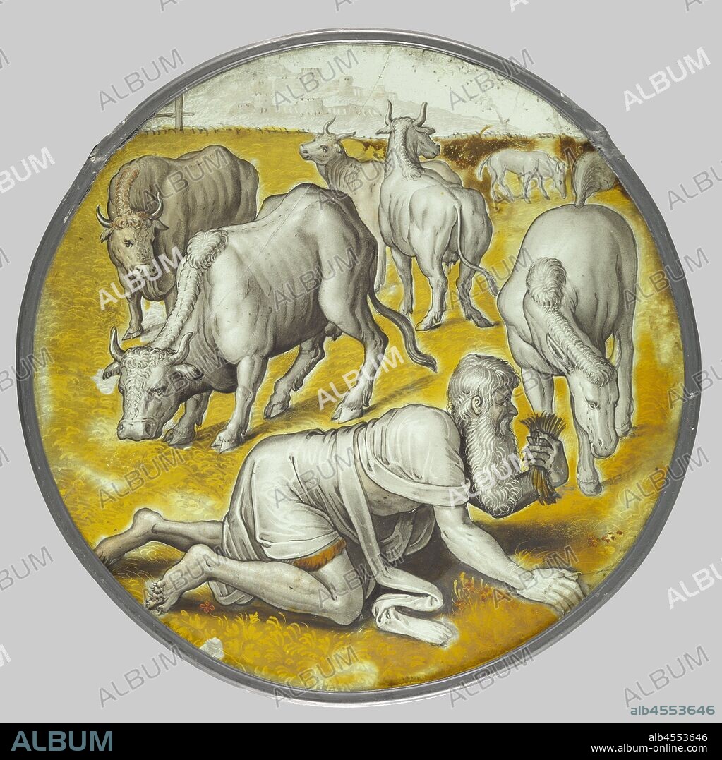 Nebuchadnezzar eats grass under the cows, King Nebuchadnezzar, has gone mad and lost his crown, crawls across the field to eat grass under the cows and horses. His nails have grown a long time., anonymous, Antwerp, c. 1560, glass, d 25.3 cm.