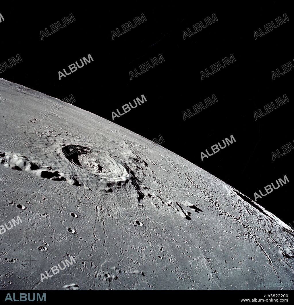 This Apollo 17 view of the Moon features the Eratosthenes Crater, taken looking southward from the Command and Service Module piloted by astronaut Ronald E. Evans. The crater Copernicus is on the horizon. The Apollo 17 mission of December 1972 was the final mission of NASA's Apollo lunar landing program, and the last time humans travelled beyond low Earth orbit.