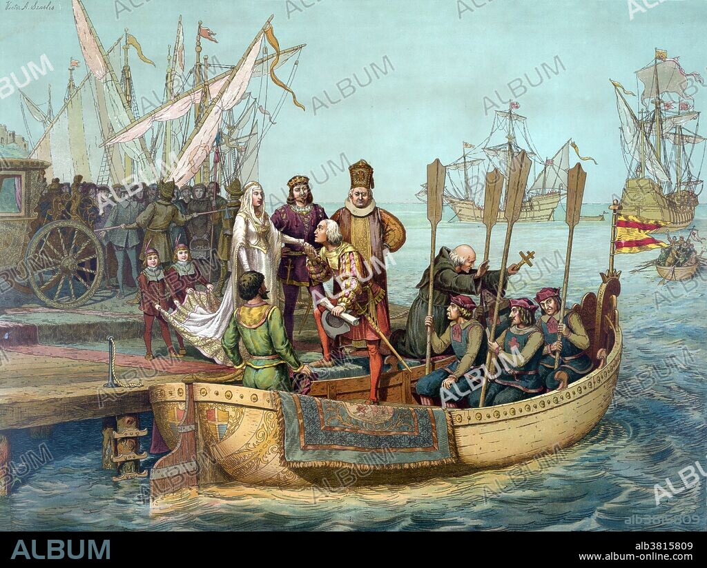 Entitled: The First voyage" Columbus bidding farewell to the Queen of Spain on his departure for the New World, August 3, 1492. Christopher Columbus (October 30 or 31, 1451 - May 20, 1506) was an Italian explorer, colonizer, and navigator. He completed four voyages across the Atlantic Ocean that led to European awareness of the American continents. During his first voyage in 1492, instead of reaching Japan, he landed in the Bahamas archipelago, which he named San Salvador. Over the course of three more voyages, he visited the Greater and Lesser Antilles, the Caribbean coast of Colombia and Venezuela, claiming them for the Spanish Empire. His efforts to establish permanent settlements in the island of Hispaniola, started Spanish colonization, which foreshadowed the general European colonization of the "New World". Though Columbus was not the first European explorer to reach the Americas, his voyages led to the first lasting European contact with the Americas, inaugurating a period of European exploration, conquest, and colonization that lasted for several centuries. Chromolithograph by L. Prang & Company, 1893.