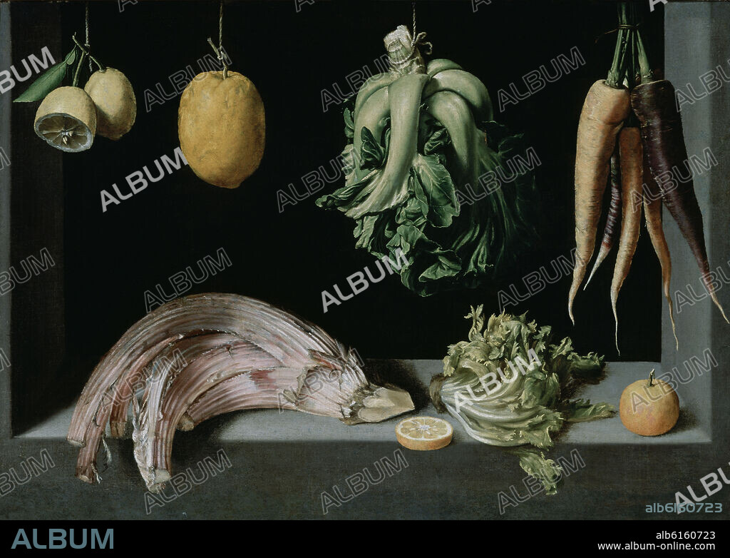 JUAN SANCHEZ COTAN (1560-1627). ¡CONSULTAR DISPONIBILIDAD! -  BODEGON DE HORTALIZAS(ZANAHORIAS,CARDO,NARANJA,LIMON...) 1600.