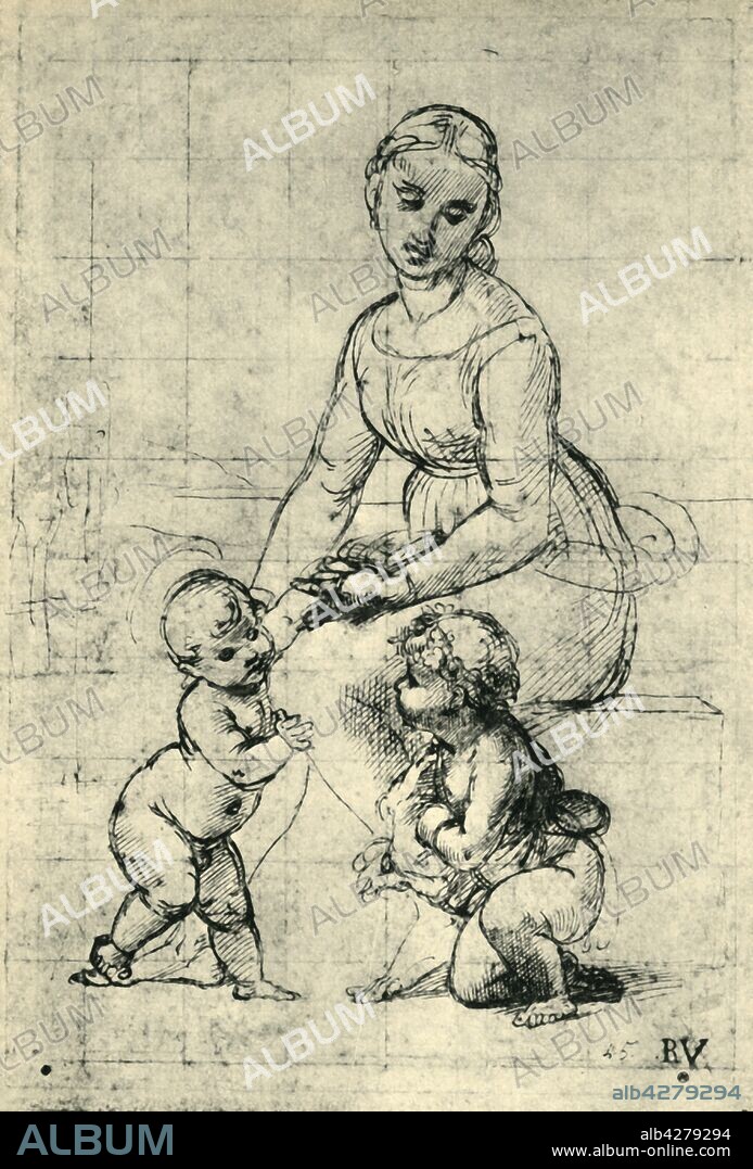 RAPHAEL. The Madonna, the Christ Child and St John, 1507, (1943). Study for 'La Belle Jardinière'. Drawing in the Louvre Museum, Paris. From "Europäische Handzeichnungen", (Five Hundred Years of European Drawings), by Bernhard Degenhart. [Atlantis-Verlag Berlin, Zürich, 1943].