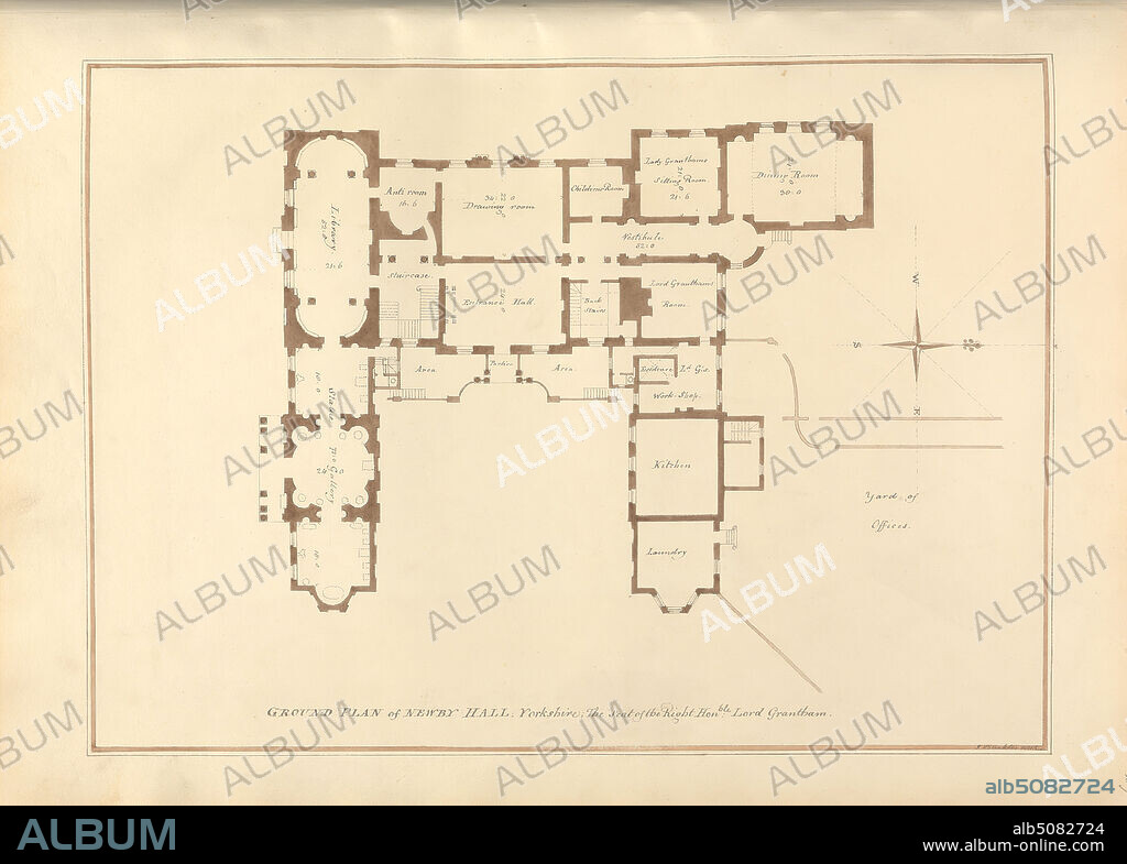 Ground Plan of Newby Hall, Yorkshire; the Seat of the Right Hon'ble Lord Grantham, John Buckler FSA, 17701851, British, and John Chessell Buckler, 17931894, British, 1815, Watercolor and pen and black ink on moderately thick, cream wove paper, Sheet: 14 × 19 3/4 inches (35.6 × 50.2 cm) and Image: 12 × 16 5/8 inches (30.5 × 42.2 cm), architectural subject, blueprint, country house, Georgian, Boroughbridge, England, Europe, North Yorkshire, United Kingdom.