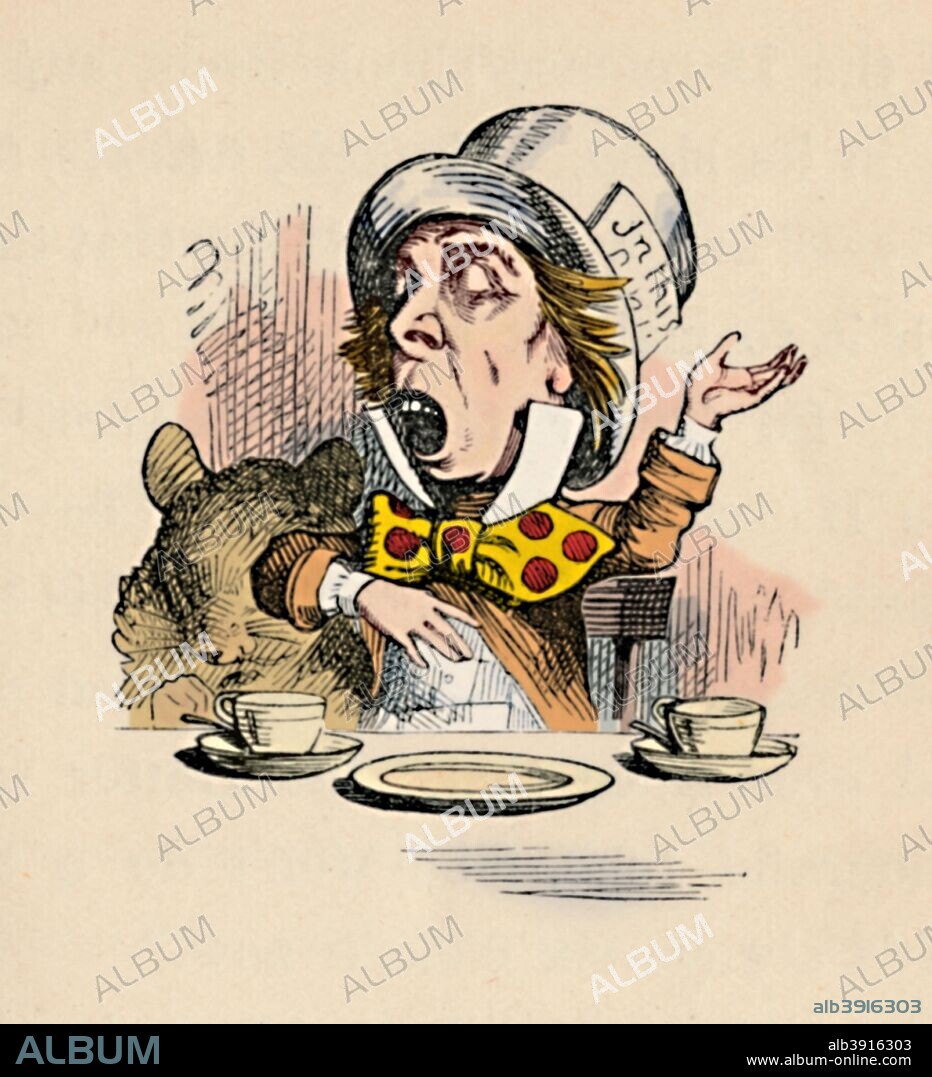 'The Mad Hatter', 1889. Lewis Carroll's (1832-1898) 'Alice in Wonderland' as illustrated by John Tenniel (1820-1914). From Alice's Adventures in Wonderland by Lewis Carroll. [Macmillan & Co., New York, 1889]. (Colorised black and white print).