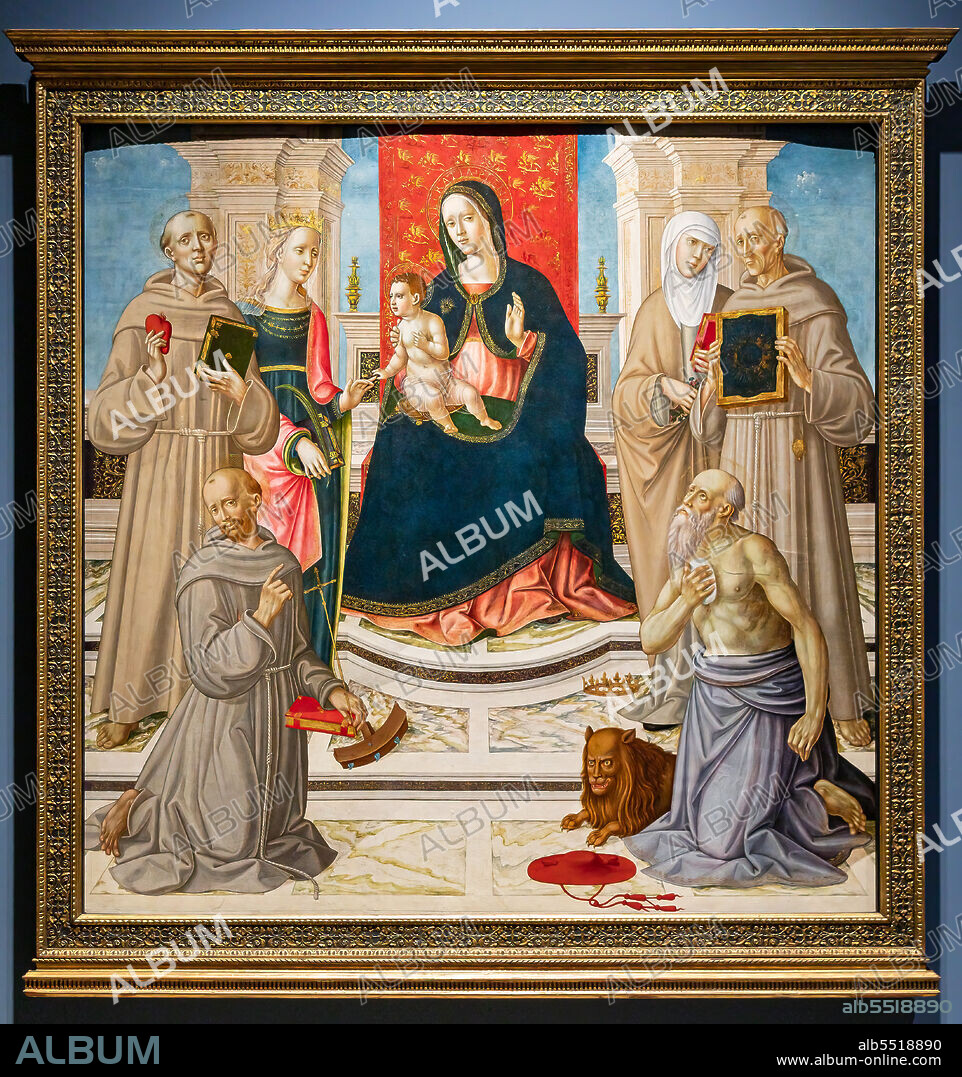 "Mystical Marriage of St. Catherine of Alexandria and Saints Francis, Jerome, Anthony of Padua, Elizabeth of Hungary and Bernardino of Siena", by Girolamo di Benvenuto, 1515-20, gold and tempera painting on panel.