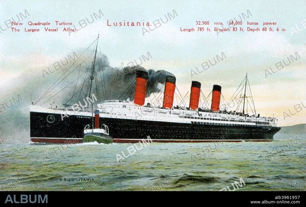 Ocean liner RMS 'Lusitania', 20th century. Launched in 1906, the Lusitania was built for the Cunard Steamship Line by John Brown & Co on the Clyde. One of the fastest liners of her day, she held the Blue Riband for the fastest Atlantic crossing from 1907 until losing it to her sister, the 'Mauretania', in 1909. On 7 May 1915, Lusitania was sunk off the Irish coast by a German submarine, the U-20, with the loss of 1198 lives.