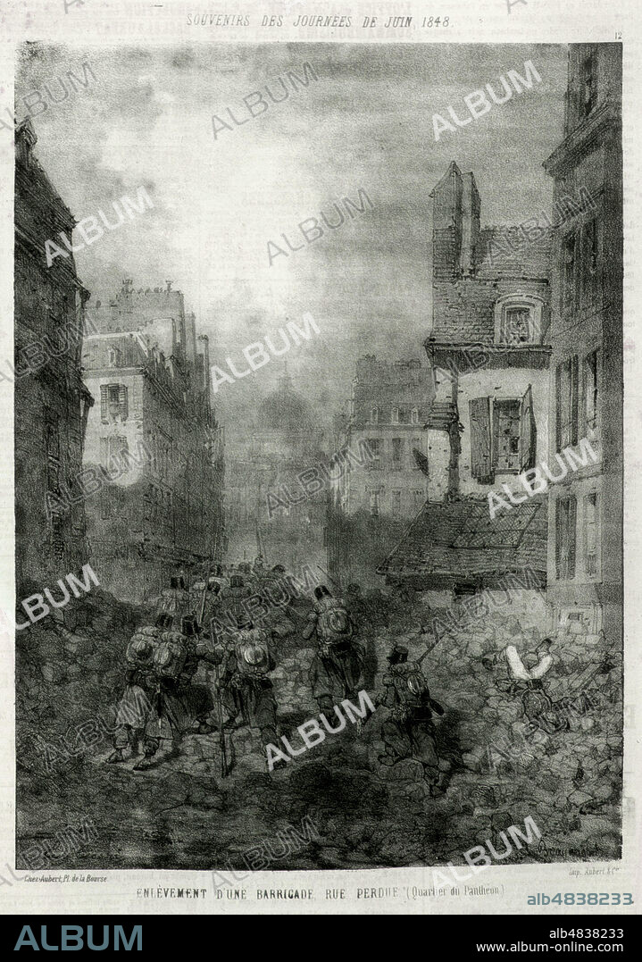 Souvenir des journees de juin 1848. Enlevement d'une barricade rue Perdue (quartier du Pantheon). Lithographie tiree du Charivari fin juillet 1848. Credit : Collection KHARBINE-TAPABOR.