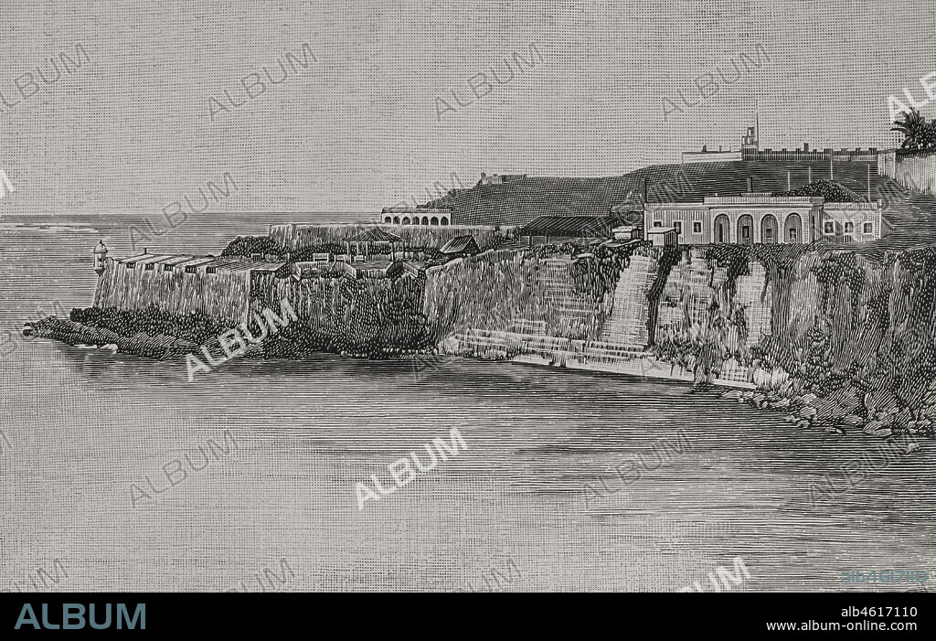 Puerto Rico, San Juan. Port entrance. From left to right: Isla de Cabras, San Agustin Bastion, Santa Elena Battery and Morro Castle. Engraving. La Ilustración Española y Americana, 1898.