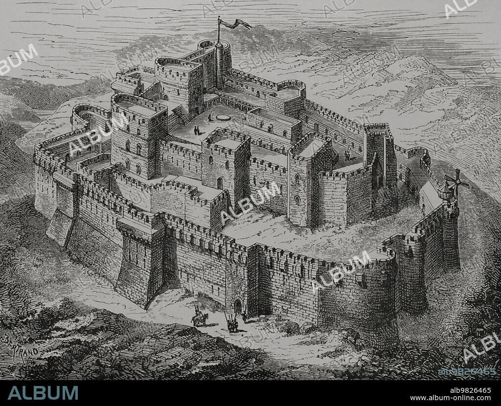 Siria. Krak de los Caballeros. Castillo construido en el siglo XII por los caballeros hospitalarios, durante las cruzadas a Tierra Santa. Es la mejor muestra que se conserva en Oriente Medio de arquitectura militar medieval. En el siglo XIII la fortaleza cristiana cayó en manos árabes. Grabado por Bertrand y Huyot a partir de "Monuments de l'Architecture des Croisés en Syrie". "Vie Militaire et Religieuse au Moyen Age et à l'Epoque de la Renaissance". Paris, 1877.