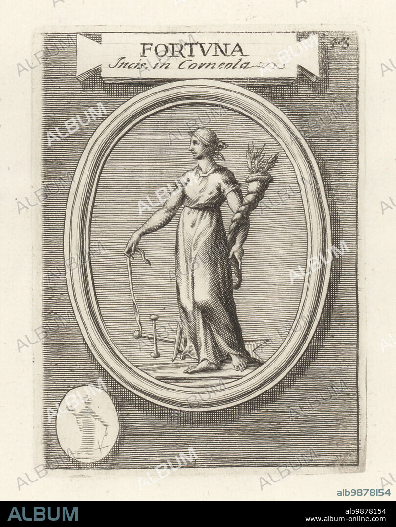 Figure of Fortuna, Roman goddess of fortune, with cornucopia (horn of plenty) and gubernaculum (ship's rudder). From an engraved cornelian gem. Fortuna. Incis in Corneola. Copperplate engraving from Francesco Valesio, Antonio Gori and Ridolfino Venutis Academia Etrusca, Museum Cortonense in quo Vetera Monumenta, (Etruscan Academy or Museum of Cortona), Faustus Amideus, Rome, 1750.