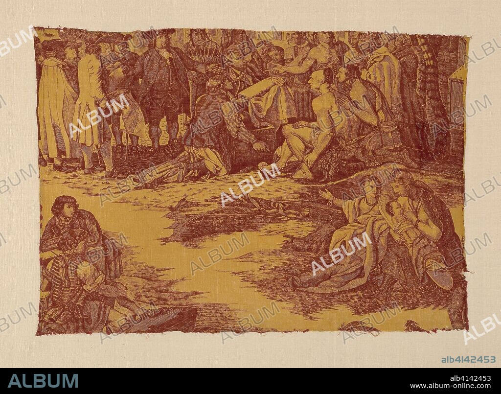 Fragment Entitled "William Penn's Treaty with the Indians". Adapted from engraving by John Hall (English, 1739-1797); Published by John Boydell (English, 1719-1804) in London, 1775; After painting by Benjamin West (American, 1738-1826) dating from 1771; England. Date: 1775-1795. Dimensions: 59.1 × 83.8 cm (23 1/4 × 33 in.). Cotton, plain weave; copperplate and block printed. Origin: England.