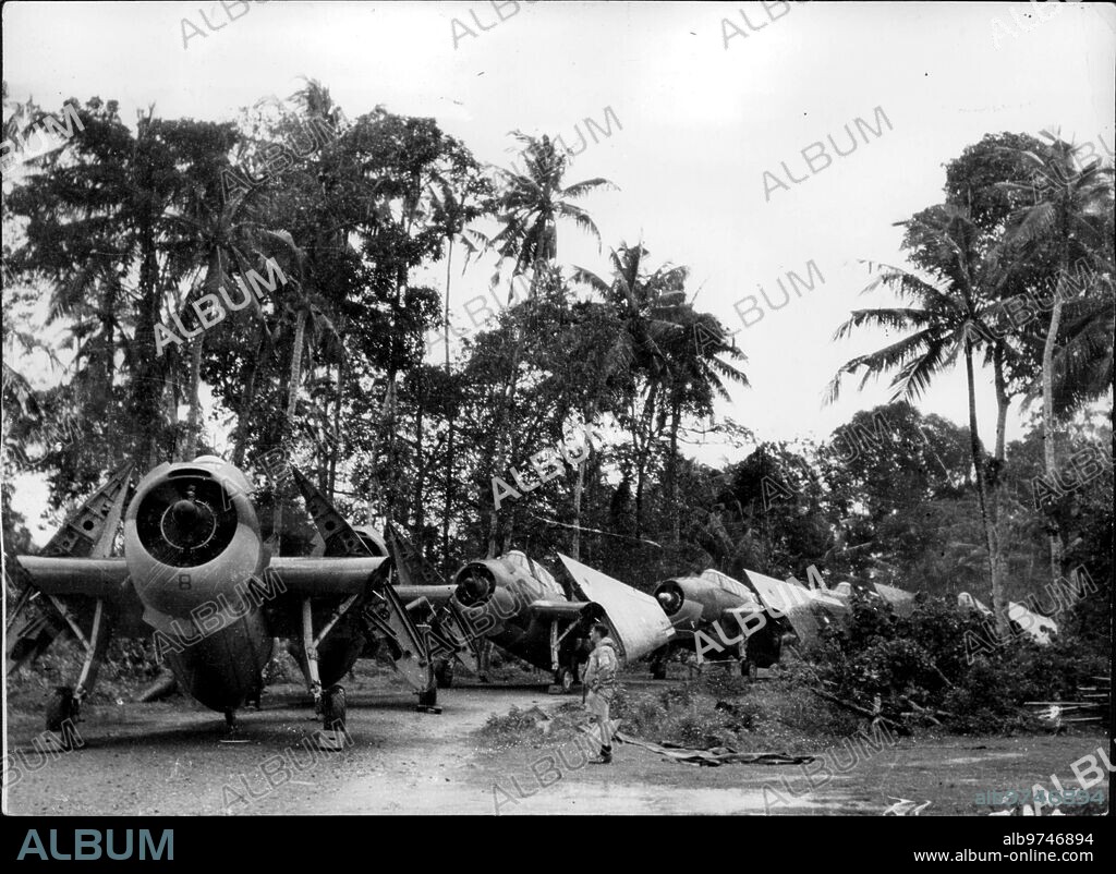 1945. Un grupo de Aviones de caza Británicos con las Alas Plegadas antes de ser Colocados en un punto de la jungla del frente Birmano.