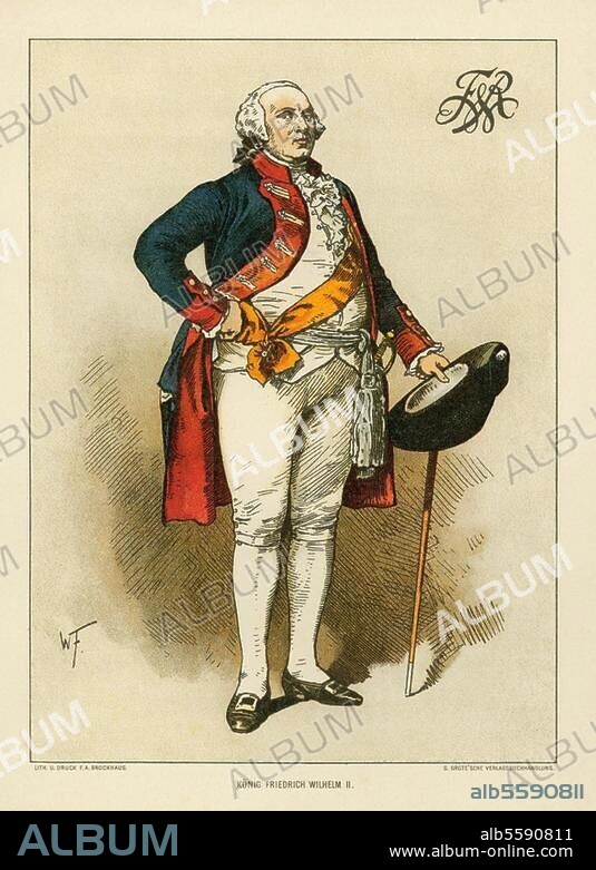 Friedrich Wilhelm II., König von Preußen (1786-97); Berlin 25.9.1744 - Potsdam 16.11.1797. Porträt. Farbdruck, 1890, nach Aquarell von Woldemar Friedrich (1849-1910). Aus: O.Schwebel, Die Hohenzollern, Bildnisse der brandenburgischen Herrscher, Berlin (G.Grote) 1890.