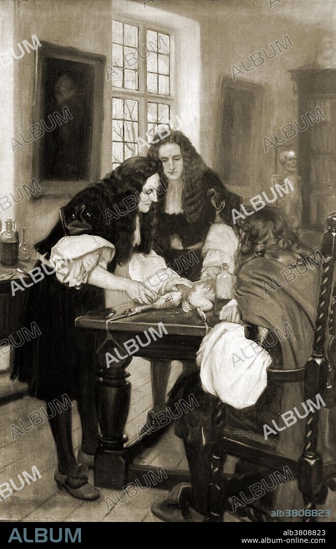 Sir Christopher Wren making his first demonstration of a method of introducing drugs into a vein, while Dr Thomas Willis looks on, 1667. Copy of an oil painting by Ernest Board, c. 1920. Sir Christopher Wren (1632-1723) was an English architect accorded responsibility for rebuilding 52 churches in the City of London after the Great Fire in 1666, including his masterpiece, St. Paul's Cathedral, completed in 1710. Apart from his work as an architect, Wren was also a notable anatomist, astronomer, geometer, and mathematician-physicist. He was a founder of the Royal Society (president 1680-82). Thomas Willis (1621-1675) was an English doctor who played an important part in the history of anatomy, neurology and psychiatry. He was also a founding member of the Royal Society.