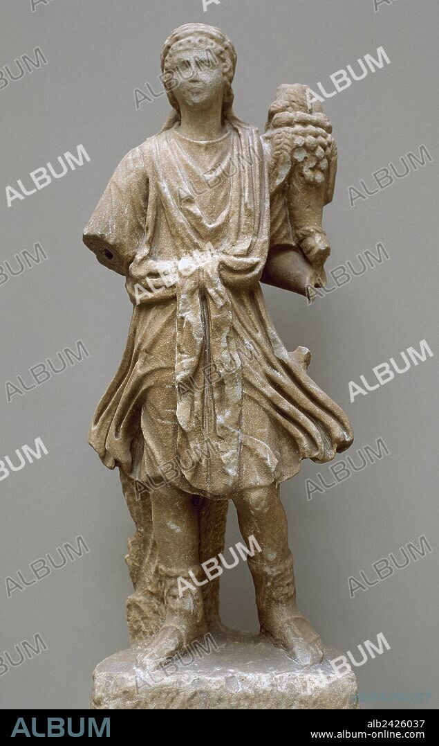 Roman statue depicting God Lar. Marble. 1st century AD. It was found near Merida (Extremadura, Spain). Provincial Archaeological Museum. Badajoz, Extremadura, Spain.