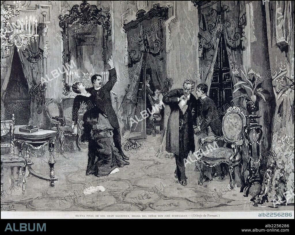 ECHEGARAY , JOSE  ESCRITOR ESPAÑOL . MADRID 1832 - 1916 TEATRO." EL GRAN GALEOTO ", REPRESENTACION TEATRAL. ESCENA FINAL GRABADO DE ALEJANDRO FERRANT ILUSTRACION ESPAÑOLA Y AMERICANA.