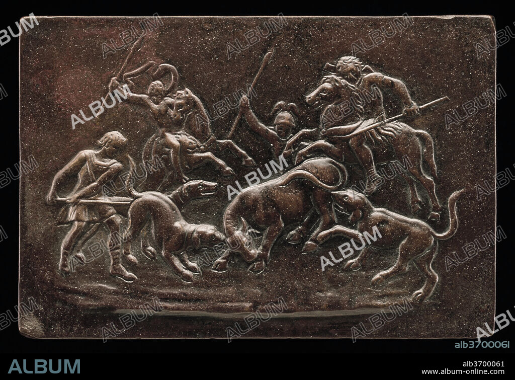 AFTER GIOVANNI BERNARDI. Bull-Baiting. Dimensions: overall: 6.4 x 9.4 cm (2 1/2 x 3 11/16 in.) gross weight: 138 gr. Medium: bronze//Red-brown patina.