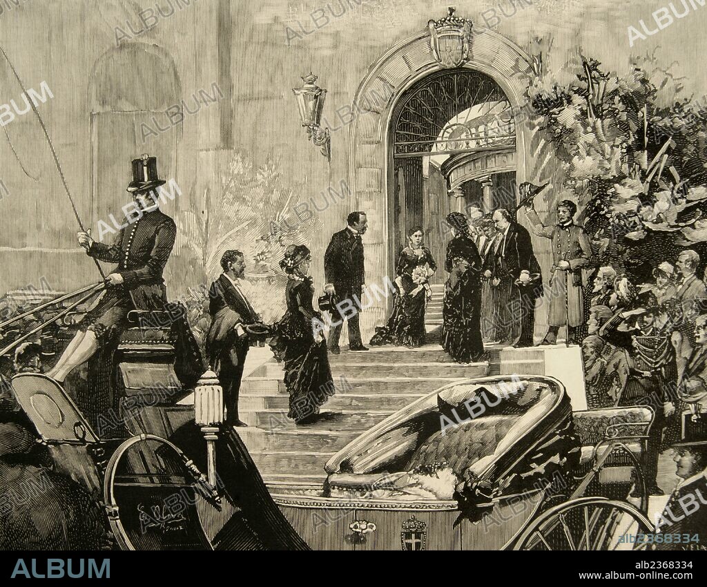 Margherita of Savoy (1851-1926). Queen consort of the Kingdom of Italy during (1878-1900) of her husband, Umberto I. visit to the Spanish Academy, Rome. Engraving by Vela.