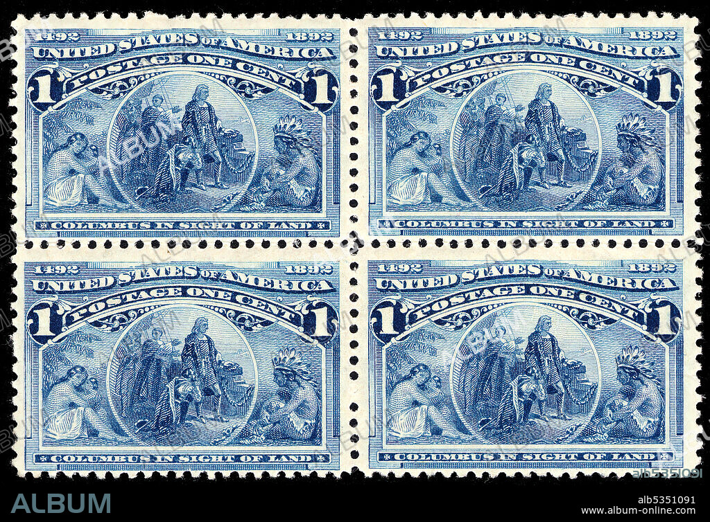 1c Columbus in Sight of Land block of four, 1893. 1c Columbian Exposition issue.