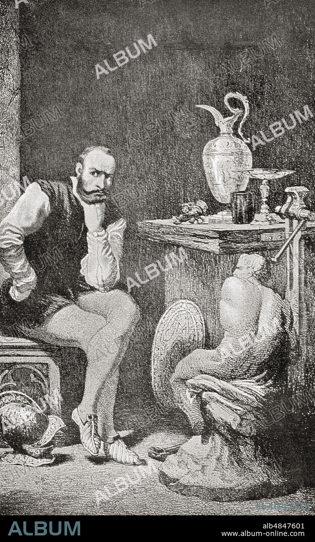 Cellini in his studio. Benvenuto Cellini, 1500 â€“ 1571.  Italian goldsmith, sculptor, draftsman, soldier, musician, artist and author.  From The International Library of Famous Literature, published c. 1900.