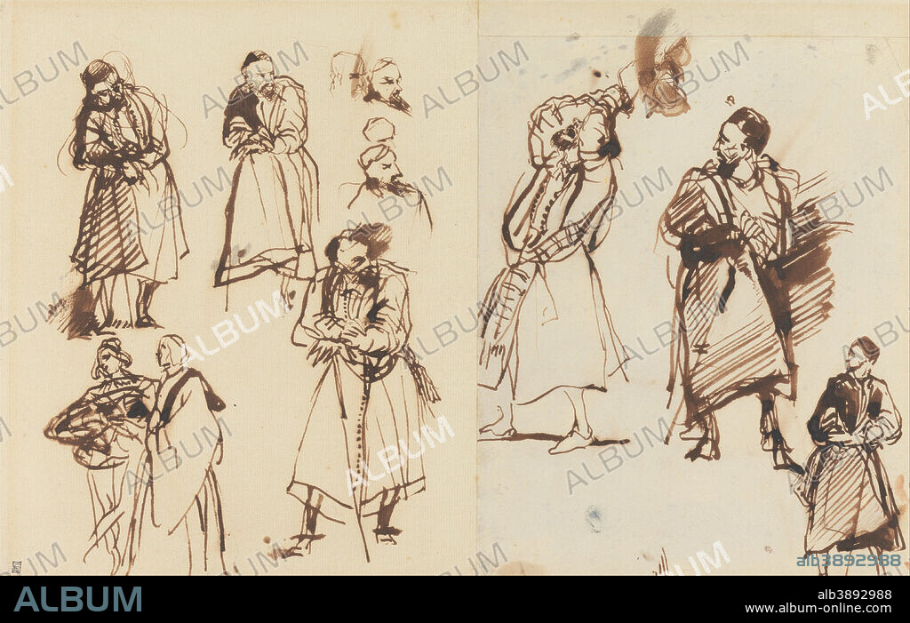 RICHARD PARKES BONINGTON. Studies for Shylock. Date/Period: 1825. Drawing. Pen and brown ink on medium, cream, smooth wove paper joined to medium, cream , smooth laid paper mounted on thick, cream, smooth card. Height: 381 mm (15 in); Width: 476 mm (18.74 in).