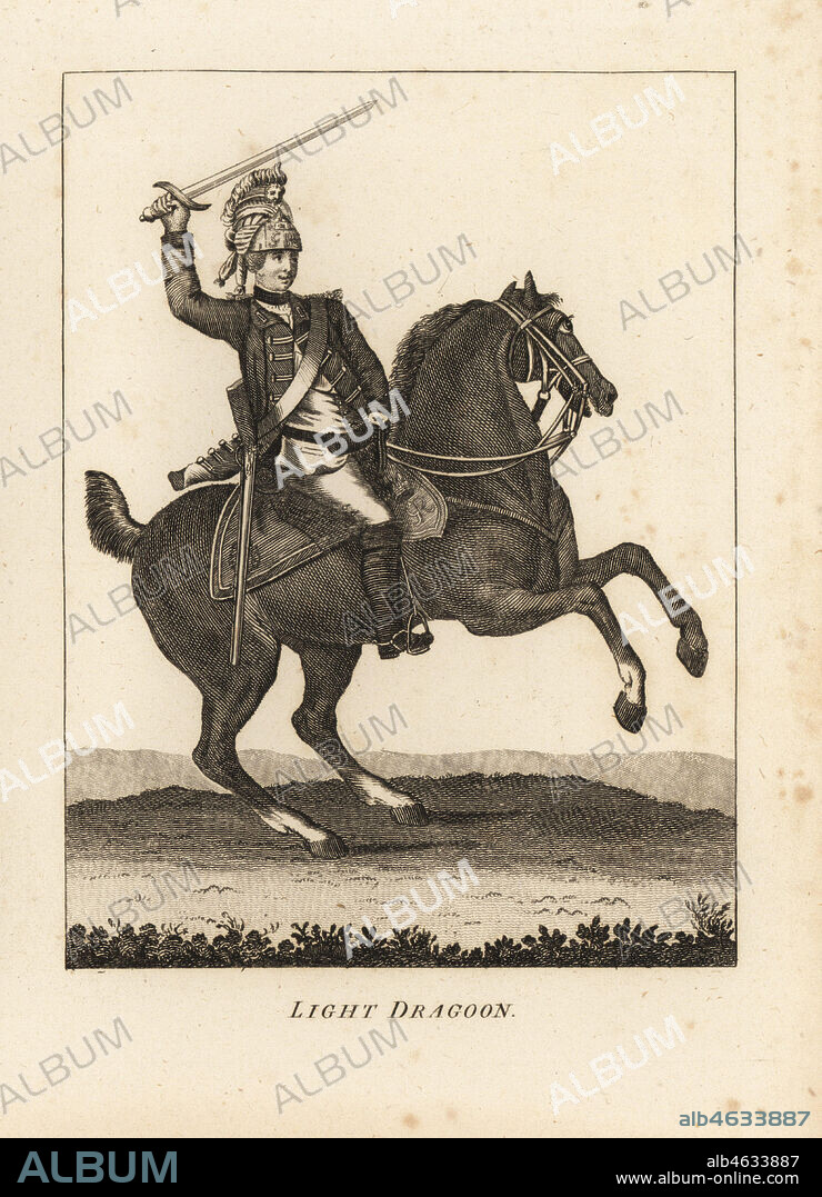 Uniform of Light Dragoon cavalry, with sword, musket and helmet, 17th century. Copperplate engraving from Francis Grose's Military Antiquities respecting a History of the English Army, Stockdale, London, 1812.