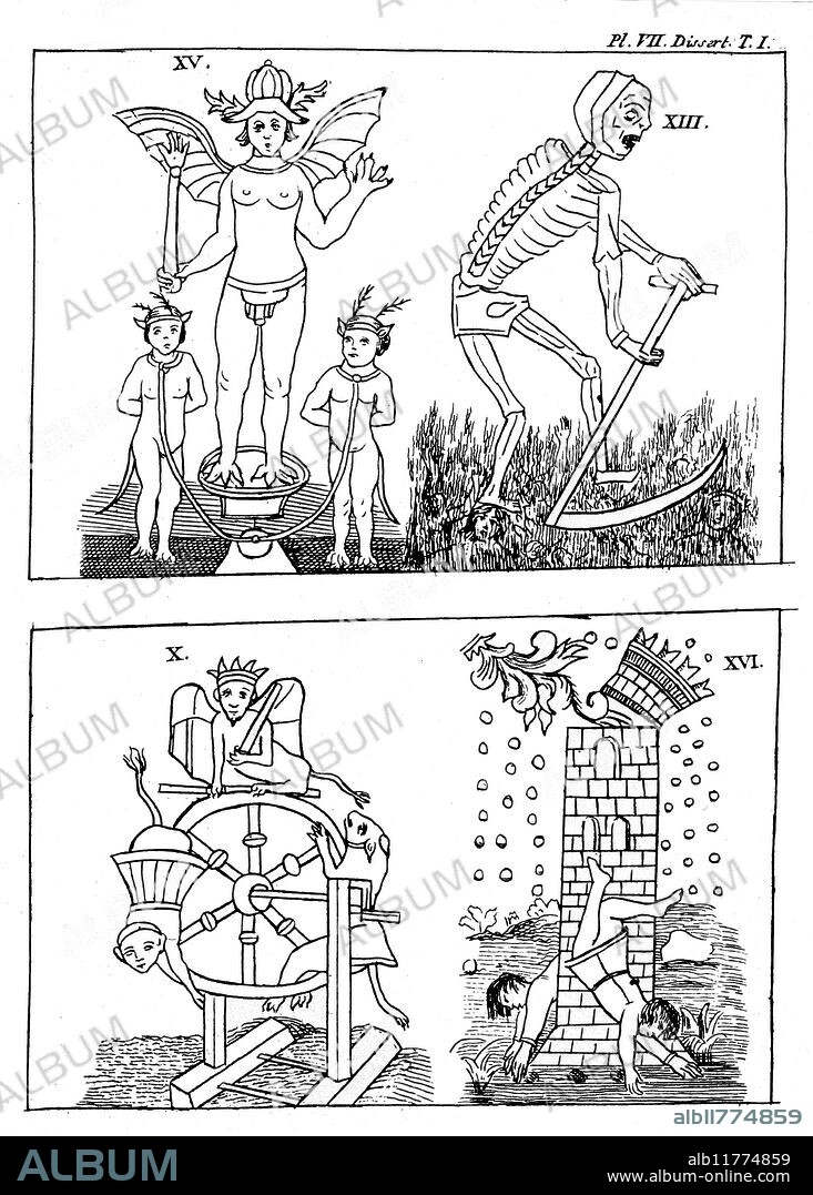TAROT CARDS - GEBELIN DESIGN - DEVIL - DEATH - WHEEL - TOWER. [Top left] The Devil, card 15 of the set pictured by the French Mason, Court de Gebelin, in 1773, based on the Marseille decks he had seen. Gebelin identified the card with Typhon, the Greek equivalent of the Egyptian god of darkness, Set. See Court de Gebelin, Le Monde primitive, Vols. III [1773] and VIII [1781]. [Top right] the Death card, number 13 of the Gebelin design. [Bottom left] The Wheel of Fortune, card 10 of the Gebelin design. [Bottom right] The House of God, card 16, of the Gebelin design, which he uniquely identified as The Castle of Plutus. Court de Gebelin's theory of the origins of the Tarot cards was entirely fanciful, yet it caught the imagination of an entire generation of occultists. He recognised the cards as a book 'of 78 pages', which had escaped the destruction of the Egyptian libraries: it was of Egyptian design - even though the cards the reproduced in his own book reveal not a vestige of Egyptian learning or symbolism. He invented for the word Tarot an Egyptian etymology, insisting that it meant 'Royal Road' (this etymology was just as fanciful as his view that the cards were Egyptian in origin).