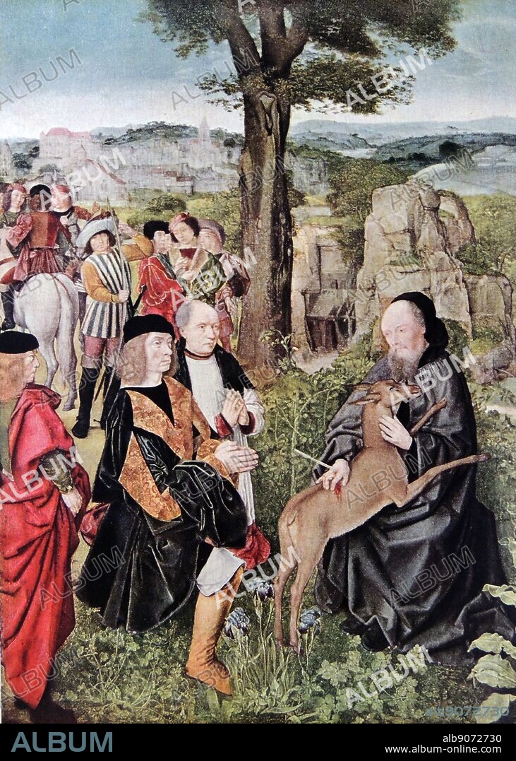 St Giles and the Hind. The painting depicts the King of France kneeling with a bishop to ask forgiveness of Saint Giles afer a member of the Royal Hunt had shot at Saint Giles' Hind (Deer), but injured the saint protecting the Hind. Part of an alterpiece. By The Master of Saint Giles, named from the two paintings in the collection depicting scenes from St Giles' life. Dated 1500.