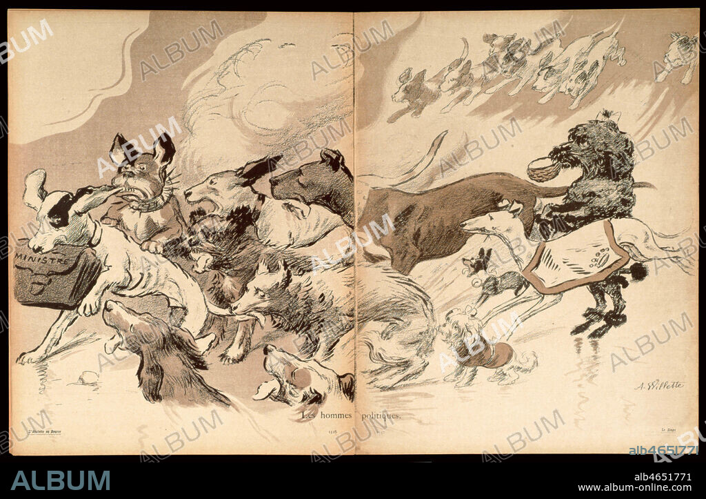 Caricature 'Les hommes politiques' d'Adolphe WILLETTE(1857-1926) dans L'Assiette au beurre du 20/12/1902: horde de chiens courant courant apres celui qui a la malette de ministre dans la gueule. Credit: Collection KHARBINE-TAPABOR.