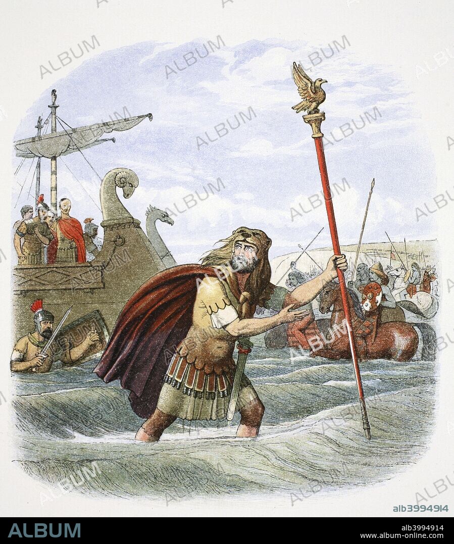 The Roman standard bearer of the 10th legion landing in Britain, 55BC (1864). Julius Caesar (100BC-44BC)  first invaded Britain in 55 BC, landing on the east coast of Kent. From a private collection.