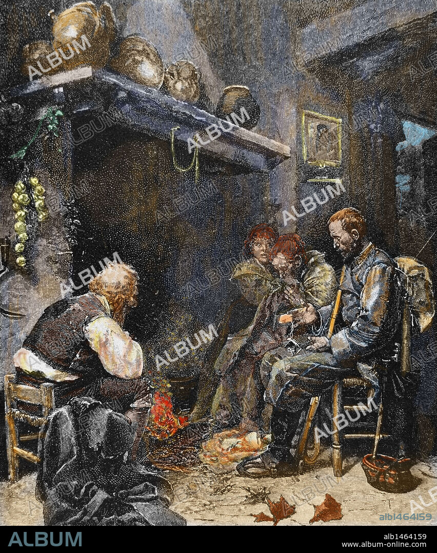 SOCIEDAD PRINCIPIOS DEL S. XIX. "FAMILIA HUMILDE EN EL INTERIOR DE SU CASA". Grabado coloreado.