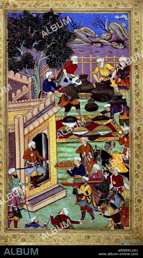 Preparation of a banquet, c1590. A banquet being prepared for Babur and the Mirzas. An illustration from 'Vaqi 'at-i Baburi', the memoirs of the Emperor Babur, founder of the Mughal dynasty and empire.