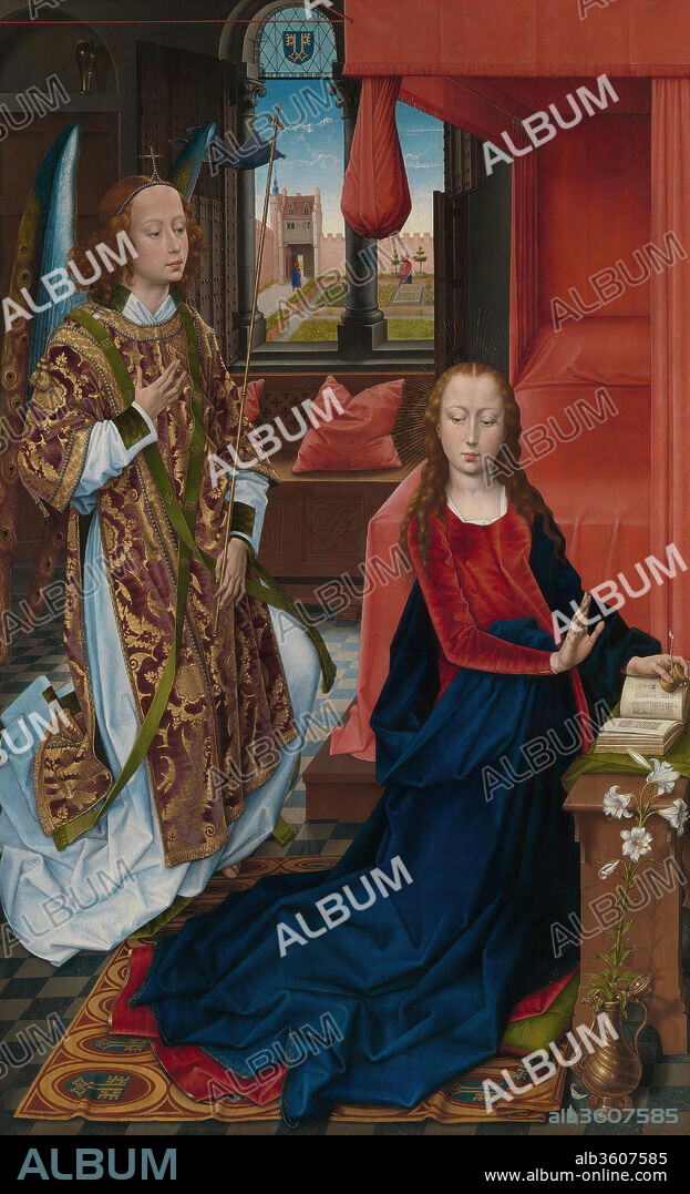 The Annunciation. Artist: Hans Memling (Netherlandish, Seligenstadt, active by 1465-died 1494 Bruges). Dimensions: 73 1/4 x 45 1/4 in. (186.1 x 114.9 cm). Date: ca. 1465-70.
One of the largest surviving depictions of the Annunciation, this imposing painting was most likely commissioned by Ferry de Clugny, whose family coat of arms--the two joined keys--decorates the carpet and stained-glass window. In 1465, Ferry founded the Chapelle Dorée as his burial site in the Saint-Lazare cathedral at Autun and lavishly decorated it with artworks, probably including this panel. The composition is based on a design by Rogier van der Weyden. Possibly commissioned before his death in 1464, it was painted by Memling, who, technical evidence suggests, was a journeyman in Rogier's workshop before establishing himself in Bruges in 1465.