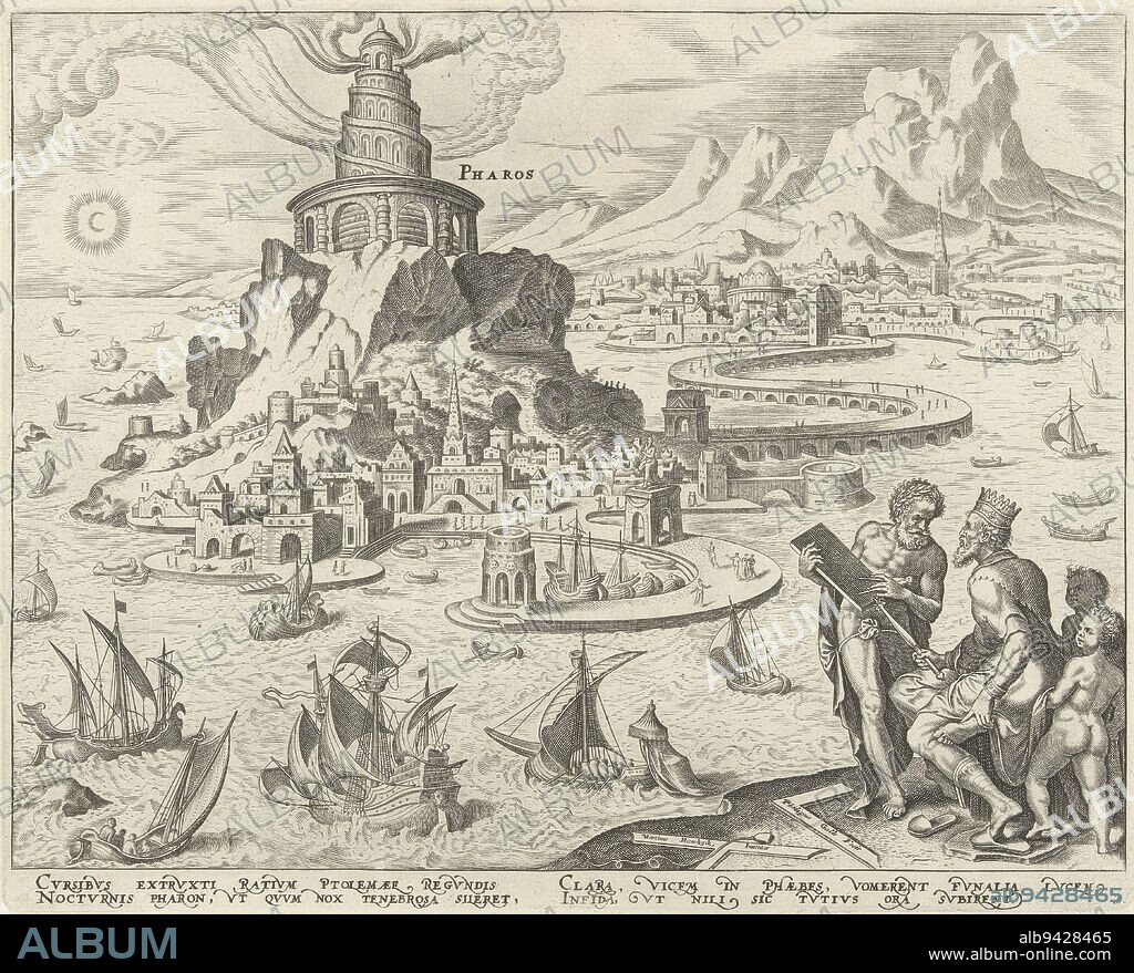 The lighthouse of the city of Alexandria. As far as is known the first lighthouse ever built. It was commissioned by the first Hellenistic king of Egypt Ptolemy II. The tower was built between 297 and 283 B.C. and served for nearly 1,500 years for successively the Greeks, Romans, Byzantines and Arabs. It stood on the island of Pharos in the Mediterranean, just outside the port of Alexandria, Egypt. In the foreground right Ptolemy II and the architect of the lighthouse, Sostratus of Knidos. The print has a Latin caption and is part of a series on the eight wonders of the world, Lighthouse of Alexandria Pharos The eight wonders of the world , print maker: Philips Galle, (mentioned on object), Maarten van Heemskerck, (mentioned on object), Hadrianus Junius, print maker: Antwerp, Haarlem, Haarlem, publisher: Antwerp, 1572 and/or 1581 - 1633, paper, engraving, h 212 mm × w 262 mm.