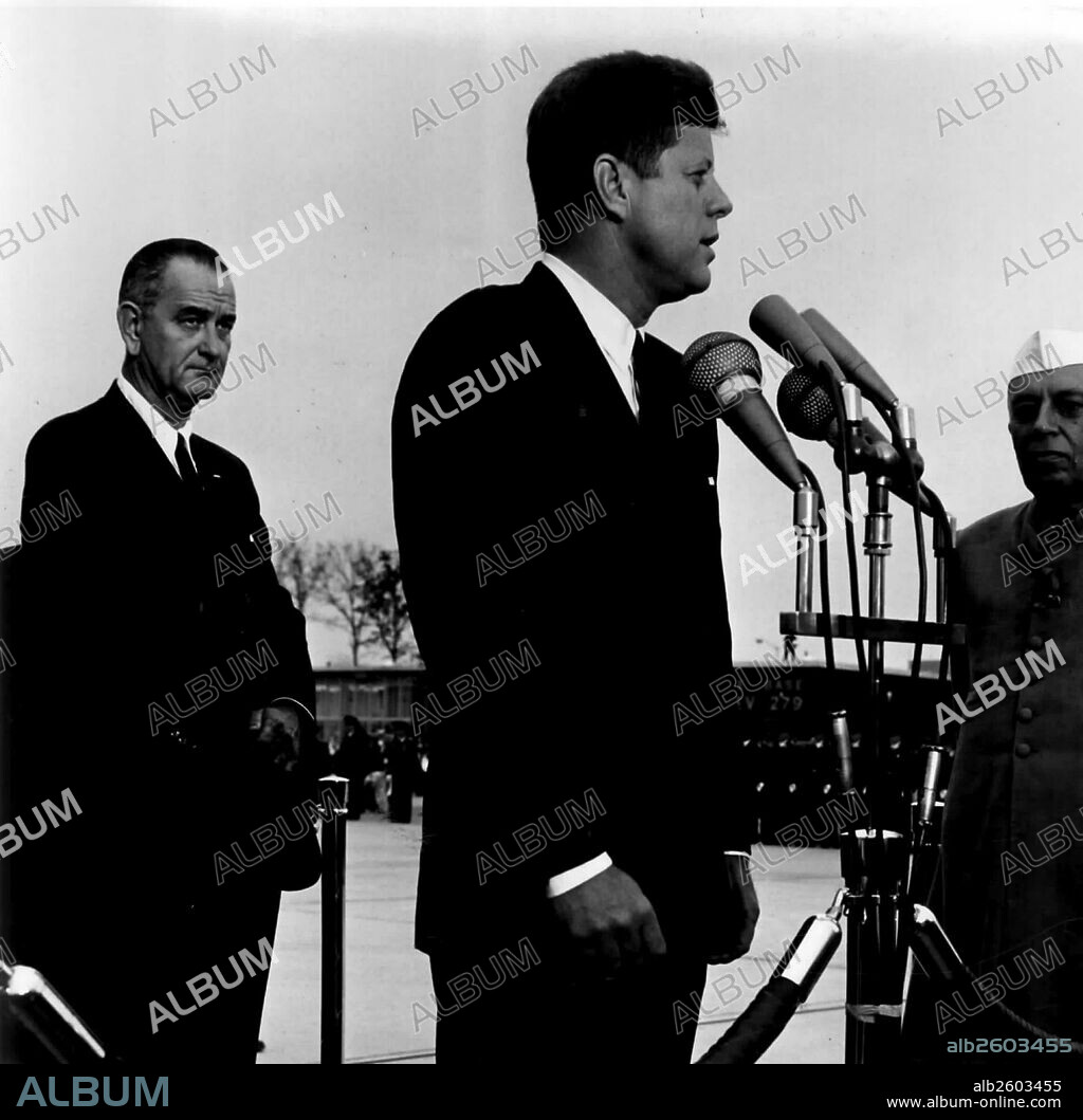 John F Kennedy welcomes Indian Prime Minister Jawaharlal Nehru. At left is Vice President Lyndon B Johnson 1962.