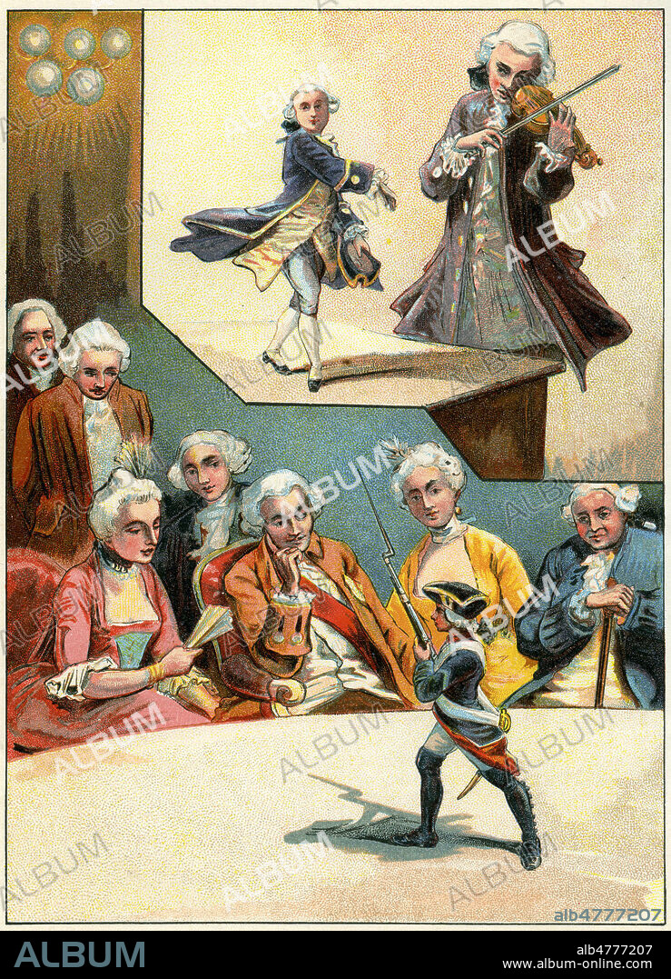 Nicolas FERRY (1741-1764) dansant et presentant les armes lors d'un diner chez le duc de Lorraine STANISLAS 1er (1677-1766). Illustration anonyme pour Histoire de BEBE le nain du roi de Pologne. Coll. Jonas/Kharbine-Tapabor.