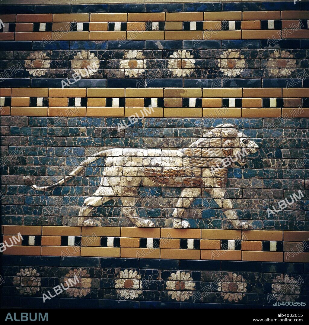 Glazed Brick relief of a lion on the walls of the Sacred Way leading to the Ishtar Gate, Babylon, c580 BC. In the collection at the Pergamon Museum in Berlin.