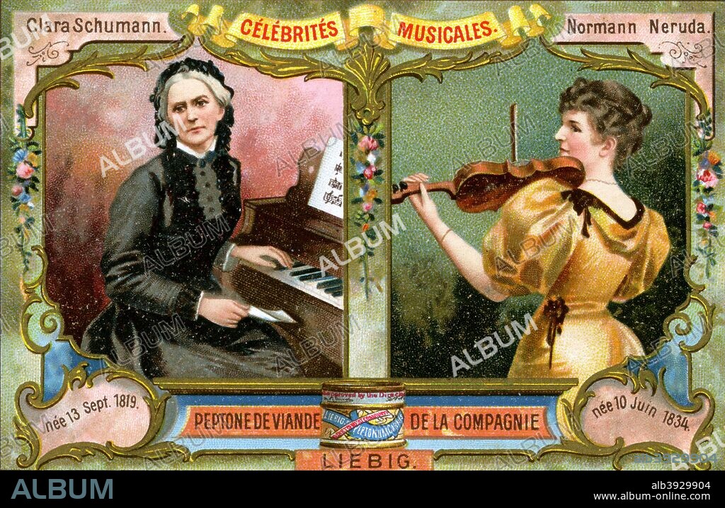 Clara Schumann and Wilma Norman-Neruda, c1900. Female musicians: Clara Schumann (1819-1896) and Wilma, Lady Halle (formerly Wilma Norman-Neruda) (1838?-1911). French advertising for the meat company, Liebig.