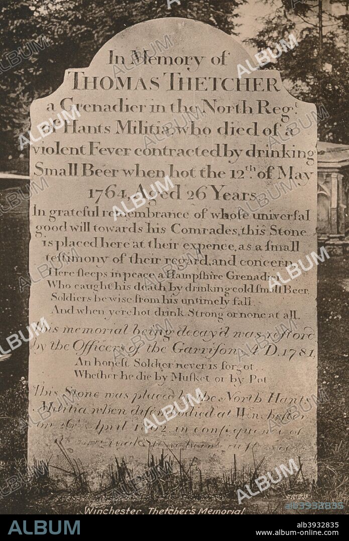 Gravestone of Thomas Thetcher, the 'Hampshire Grenadier', Winchester Cathedral, Hampshire, early 20th century(?). 'From Winchester. [L Newman, The Square, London, ].