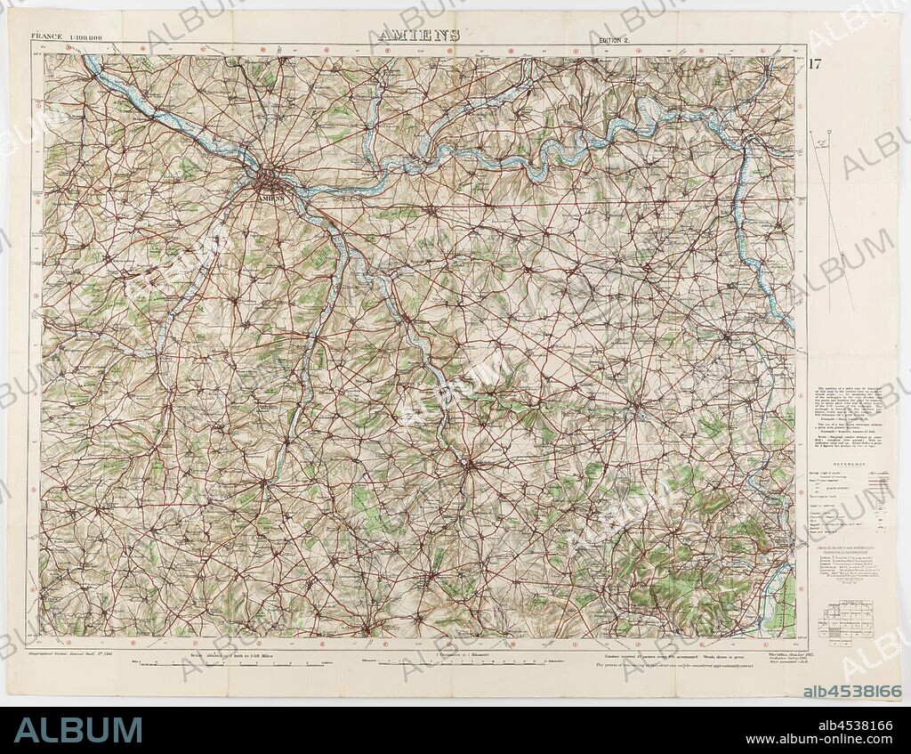 Map - Military, France, Amiens 17, Scale 1:100,000, Edition 2, World War I, 1 Oct 1916, World War I military map of Amiens, Sheet 17, France, scale 1:100,000, edition 2, published by the War Office in October 1915 from a 1915 Ordnance Survey, with 'minor corrections' dated 1 October 1916. The map is labelled Geographical Section, General Staff, No. 2364. Part of the collection of World War I memorabilia donated by Sergeant John Lord (#6252). John Lord was 19 years old when.