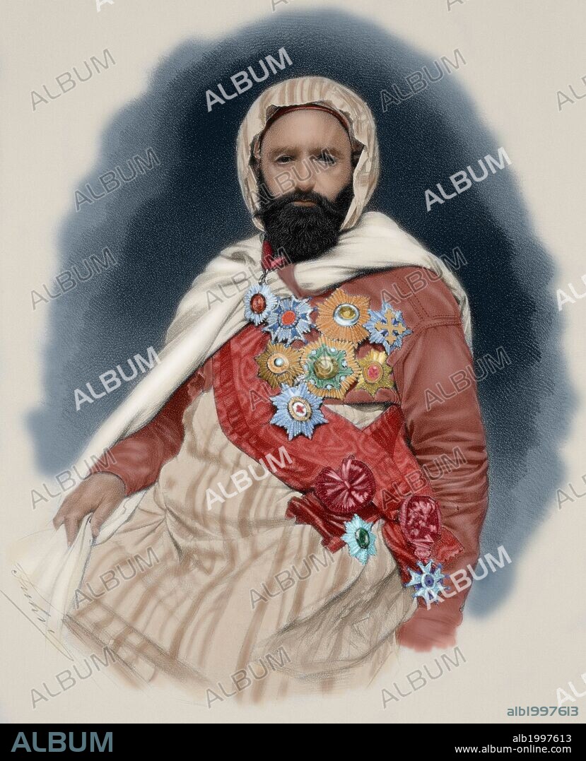 Abdelkader El Djezairi (1808-1883). Algerian political and military. Engraving, 1887. Colored.