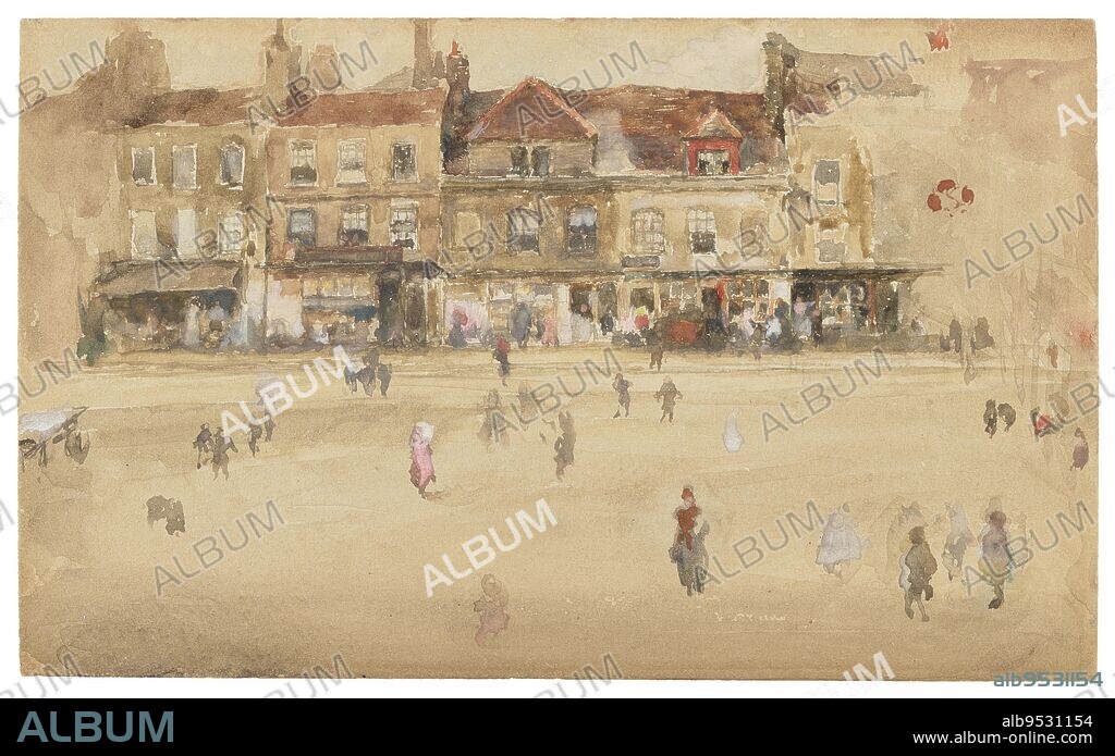JAMES MCNEILL WHISTLER. Facade of a row of three-storied houses and shop fronts; many small figures in the foreground; signed with the butterfly at upper right. Watercolor on paper. Origin: United States. Date: 1885-1886.
