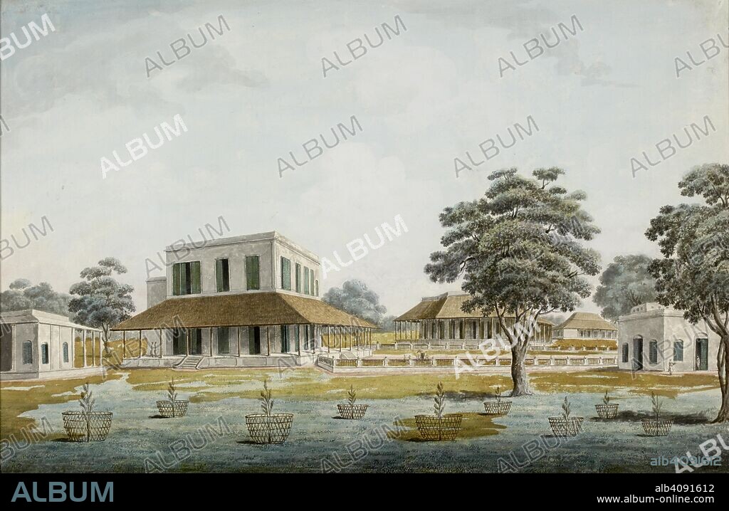 Painting of grand Indian house. A colonial residence or mansion by water. The residence of an English gentleman in the late 1790s. . Rear view of Mr. Oldfield's house at Madapur. Anon. Rear view of Mr. Oldfield's house at Maidapur. watercolour. 1790 - 1800. Source: Add. Or. 3190.