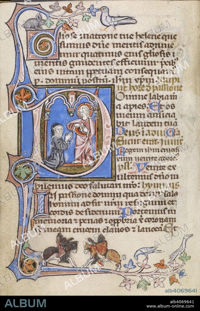 Hours of the Passion. Initial 'D', Christ showing his wounds to a kneeling nun. Decorated borders with birds, and at the foot, two knights jousting on horseback. A Volume of Prayers, etc. France; 13th century. Source: Egerton 945, f.237v. Language: Latin and French.