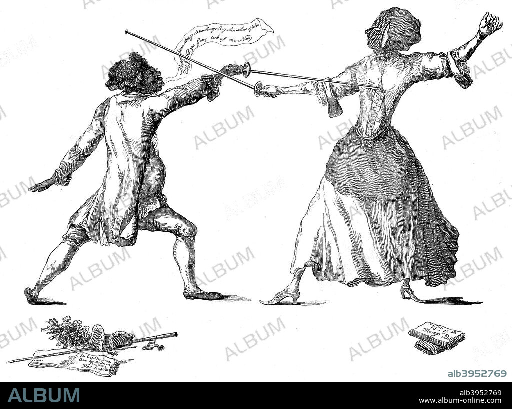 'Mlle la Chevaliere d'Eon de Beaumont fencing at Carlton House, 9th April 1787.' The Chevalier d'Eon (1728-1810) having a swordfight with Monsieur de Saint George. Charles-Genevieve-Louis-Auguste-Andre-Timothee Eon de Beaumont lived the first half of his life as a man and the second half as a woman. Illustration from Social Caricature in the Eighteenth Century ... With over two hundred illustrations by George Paston [pseudonym of Emily Morse Symonds], (London, 1905).