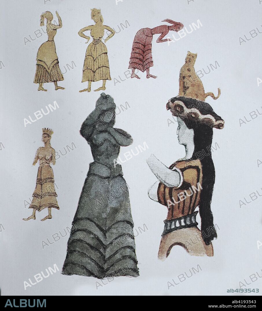 Fashion, the clothes of Mycenae, Crete and Cyprus, Aegean and Phoenician culture, 2000-500 BC, the small female figures are of Mycenaean copper and golden rings of victory, below middle, bronze statue of a woman with volcanic rock from Crete, bottom left a snake goddess with blouse bodice, digital improved reproduction of an original print from the 19th century.