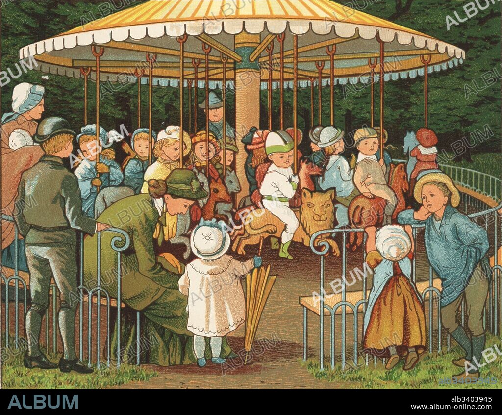 Victorian children on a carousel in the Champs Elysees, Paris, France. Colour woodblock after an illustration by Thomas Crane and Ellen Houghton from Abroad, Marcus Ward, London, 1882.