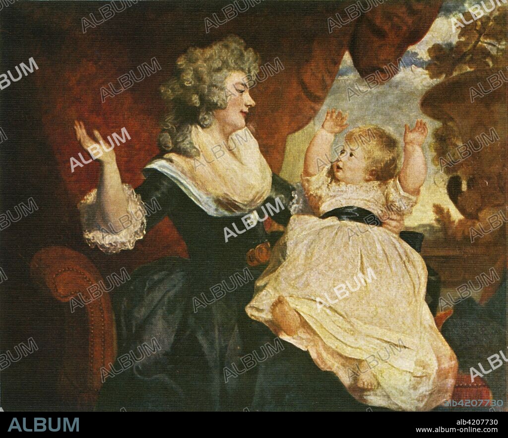 'Duchess of Devonshire and Child', c1786, (c1912). Portrait of Georgiana Cavendish, Duchess of Devonshire (1757-1806) and her daughter Lady Georgiana Cavendish (Little G) (1783-1858). Painting at Chatsworth House, Derbyshire. British portrait painter Sir Joshua Reynolds (1723-1792) promoted the ?Grand Style? in painting, and was a founder and first president of the Royal Academy of Arts in London. He held the position of Principal Painter in Ordinary to the king. His work is held in galleries and museums around the world. Illustration from Reynolds - Masterpieces in Colour, by Samuel Levy Bensusan. [TC & EC Jack, Frederick A Stokes Co,  London & New York, c1912].