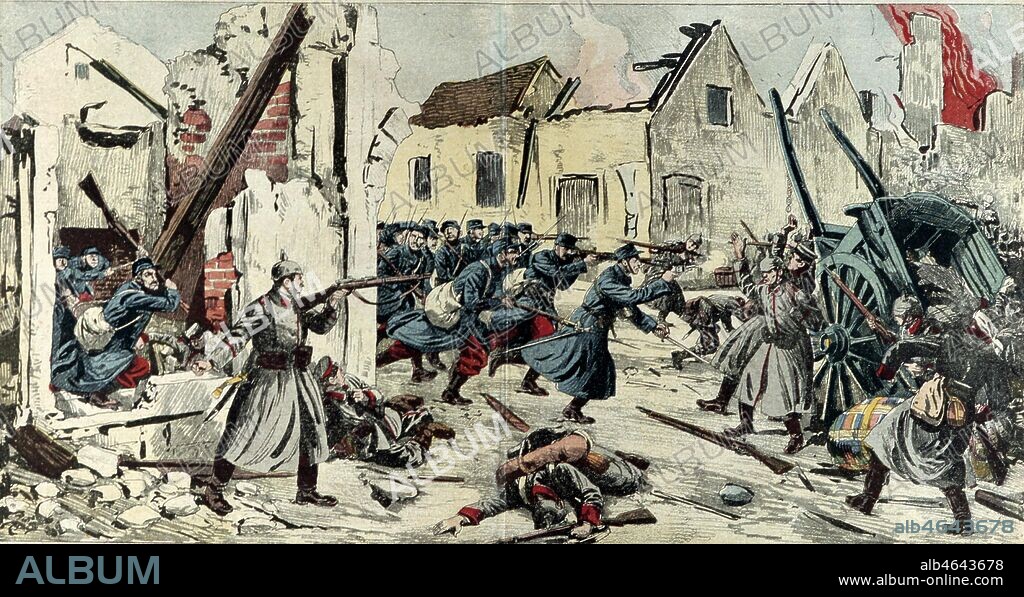 Bataille de la Marne en 1914: combat entre prussiens et francais en pleine ville. Illustration du Petit Marseillais. Credit: Collection KHARBINE-TAPABOR.