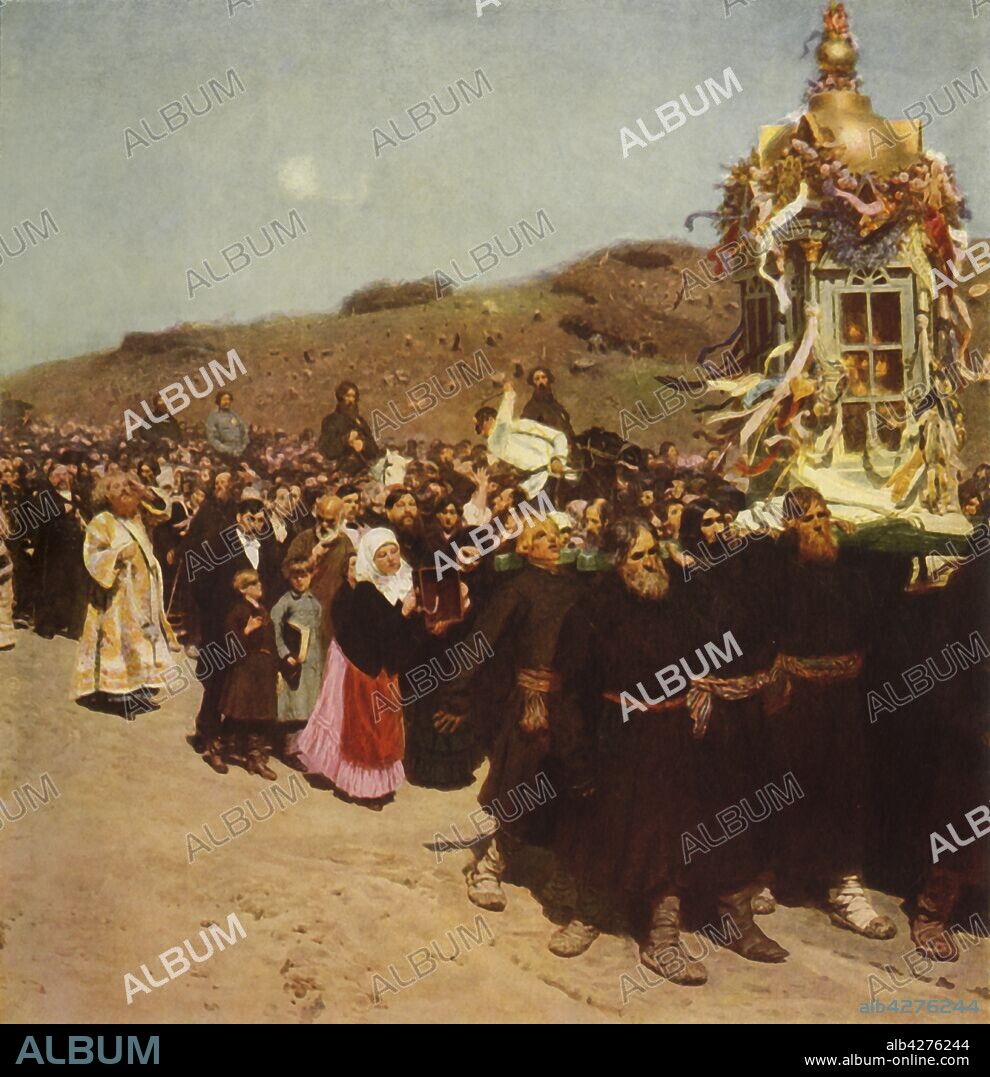 IL'YA REPIN. 'Procession in the Kursk Gubernia', 1880-1883, (1965). Detail of 'Krestny Khod (Religious Procession) in Kursk Gubernia'. Annual Easter procession of people in Kursk in western Russia, carrying the icon of Our Lady of Kursk from the Korennaya Monastery. Painting in the State Tretyakov Gallery, Moscow. From "Russian Painting of the 18th and 19th Centuries" by Vladimir Fiala. [Artia, Czechoslovakia, 1965].